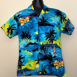 Go Hawaii Vintage Aqua Blue Cotton Sunset Shirt Size M Aloha Palm Trees Orchids